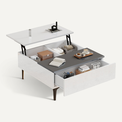 Table Basse Blanche LED Multifonction, Plateau Relevable, Rangement Intégré 70x70x35 Cm