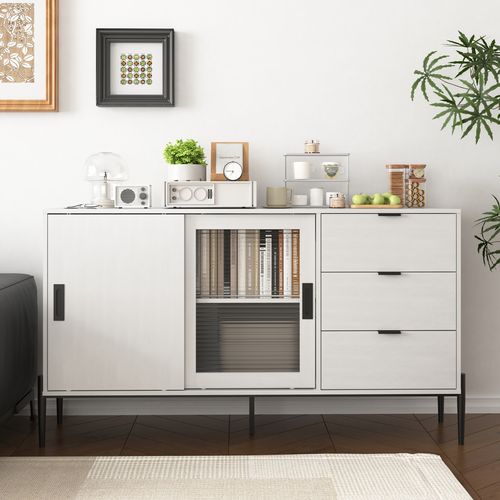 Buffet Blanc Avec Portes En Verre Cannelé Et 3 Tiroirs – Meuble D’entrée Ou De Cuisine Moderne