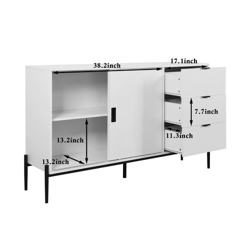 Buffet Blanc Avec Portes En Verre Cannelé Et 3 Tiroirs – Meuble D’entrée Ou De Cuisine Moderne