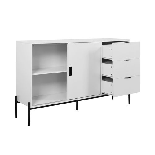 Buffet Blanc Avec Portes En Verre Cannelé Et 3 Tiroirs – Meuble D’entrée Ou De Cuisine Moderne