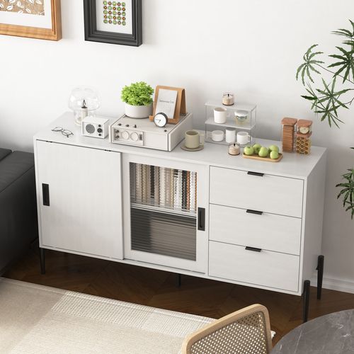 Buffet Blanc Avec Portes En Verre Cannelé Et 3 Tiroirs – Meuble D’entrée Ou De Cuisine Moderne