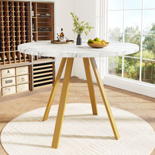 Table Ronde Moderne 80x80 Cm Effet Marbre Blanc Avec Pieds Métalliques Dorés