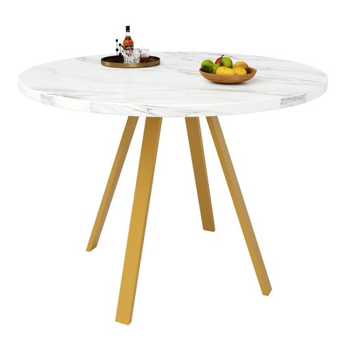 Table Ronde Moderne 80x80 Cm Effet Marbre Blanc Avec Pieds Métalliques Dorés