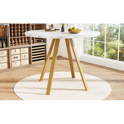 Table Ronde Moderne 80x80 Cm Effet Marbre Blanc Avec Pieds Métalliques Dorés