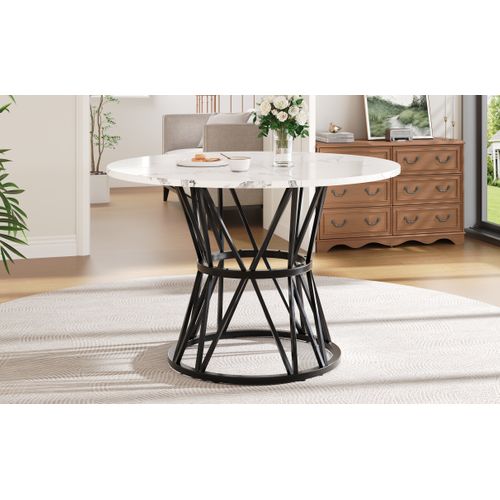 Table Ronde 100x100x76 Cm Effet Marbre Mdf, Pieds Métal Noire, Design élégant