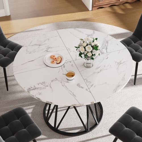 Table Ronde 100x100x76 Cm Effet Marbre Mdf, Pieds Métal Noire, Design élégant