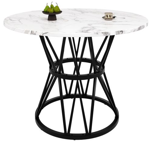Table Ronde 100x100x76 Cm Effet Marbre Mdf, Pieds Métal Noire, Design élégant