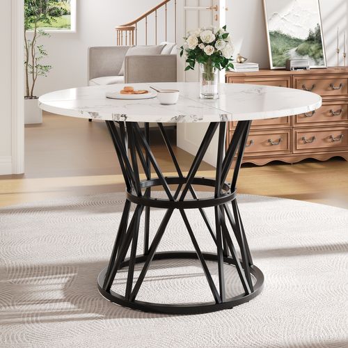 Table Ronde 100x100x76 Cm Effet Marbre Mdf, Pieds Métal Noire, Design élégant