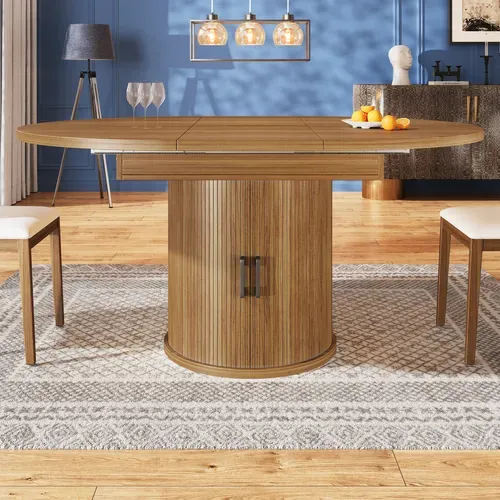 Table à Manger Extensible Ronde En Noyer Ø118-158 Cm Avec Rangement Intégré