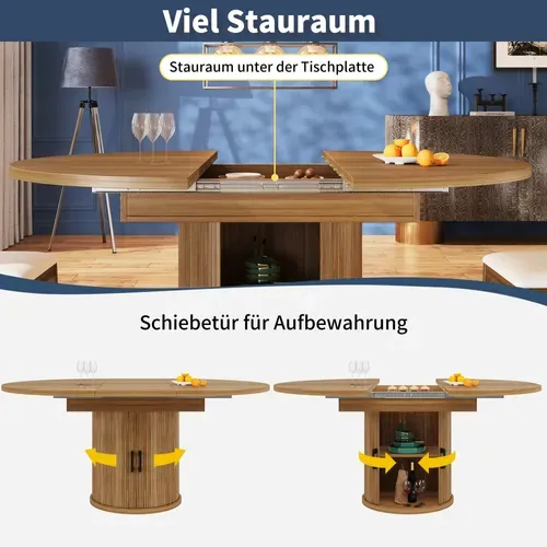 Table à Manger Extensible Ronde En Noyer Ø118-158 Cm Avec Rangement Intégré