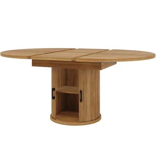 Table à Manger Extensible Ronde En Noyer Ø118-158 Cm Avec Rangement Intégré