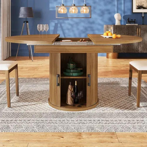 Table à Manger Extensible Ronde En Noyer Ø118-158 Cm Avec Rangement Intégré