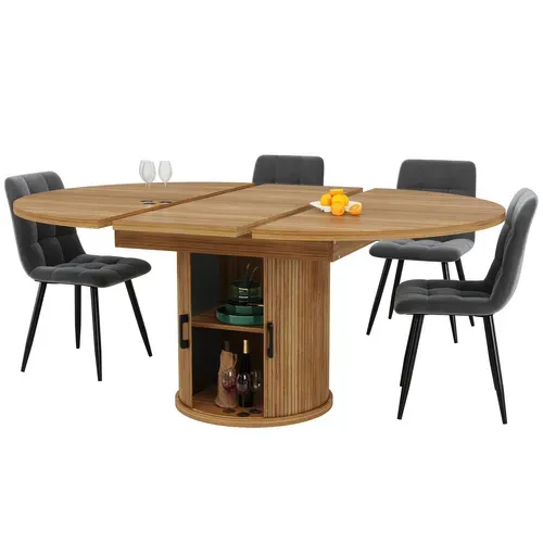 Table à Manger Extensible Ronde En Noyer Ø118-158 Cm Avec Rangement Intégré