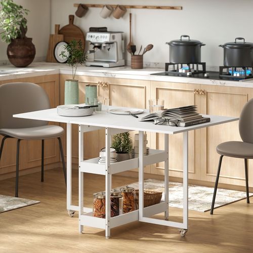 Table à Manger Pliante Avec 2 Étagères Ouvertes, Extensible 2-4 Personnes, Blanc 133x80 Cm