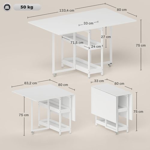 Table à Manger Pliante Avec 2 Étagères Ouvertes, Extensible 2-4 Personnes, Blanc 133x80 Cm