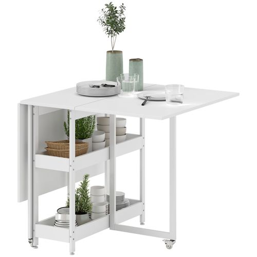 Table à Manger Pliante Avec 2 Étagères Ouvertes, Extensible 2-4 Personnes, Blanc 133x80 Cm