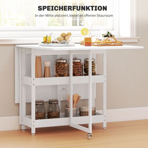 Table à Manger Pliante Avec 2 Étagères Ouvertes, Extensible 2-4 Personnes, Blanc 133x80 Cm