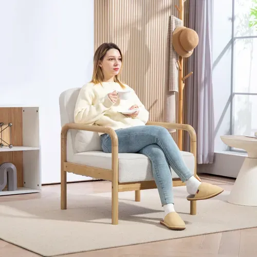 Fauteuil Lounge Blanc En Tissu Bouclé Avec Coussin Et Pieds Bois, Style Moderne