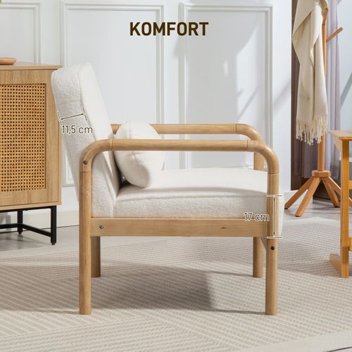 Fauteuil Lounge Blanc En Tissu Bouclé Avec Coussin Et Pieds Bois, Style Moderne