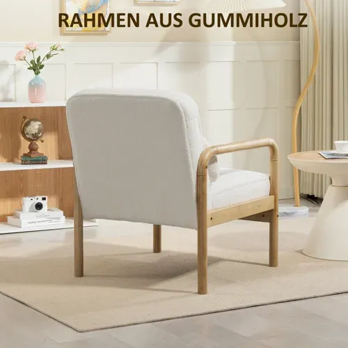 Fauteuil Lounge Blanc En Tissu Bouclé Avec Coussin Et Pieds Bois, Style Moderne