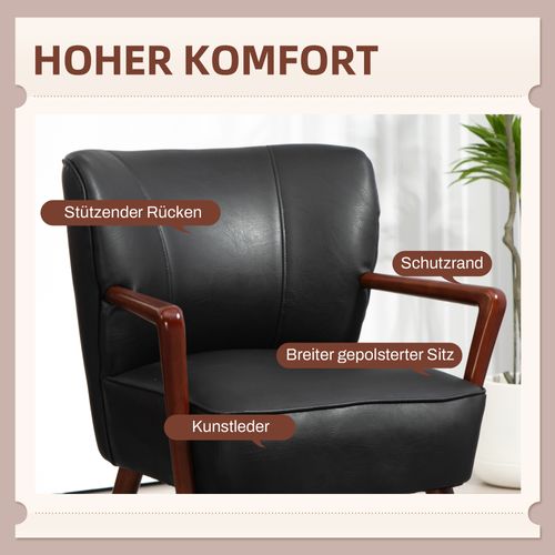 Fauteuil En Cuir Synthétique Avec Accoudoirs, Pieds En Bois, Design Moderne Pour Salon Et Chambre