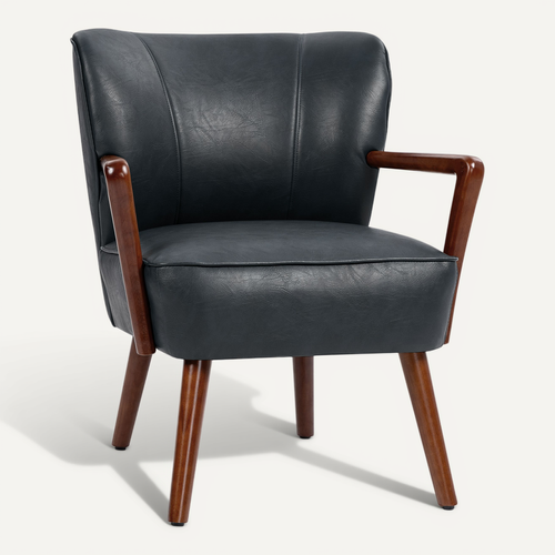 Fauteuil En Cuir Synthétique Avec Accoudoirs, Pieds En Bois, Design Moderne Pour Salon Et Chambre