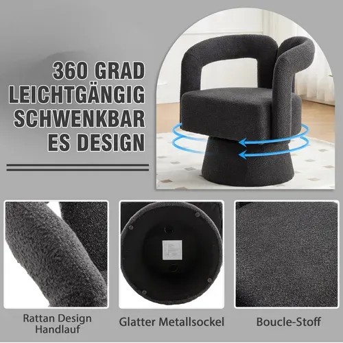 Fauteuil Pivotant 360° En Tissu Bouclé Gris Foncé, Siège Rembourré Pour Salon Et Bureau