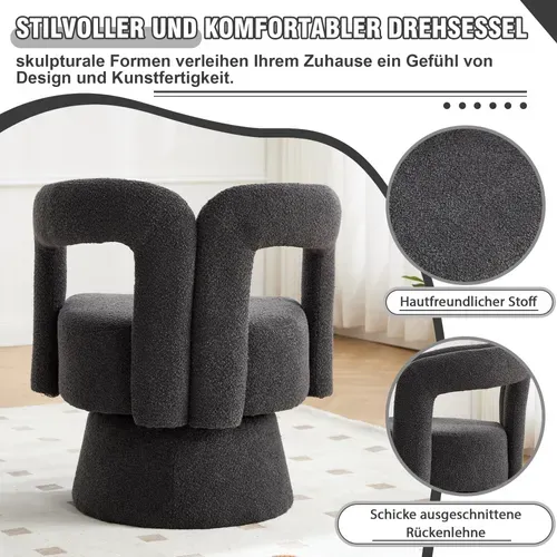 Fauteuil Pivotant 360° En Tissu Bouclé Gris Foncé, Siège Rembourré Pour Salon Et Bureau