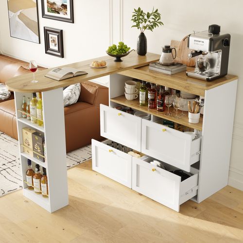 Buffet De Cuisine Blanche Rotative à 360° Avec étagères Ouvertes Et 4 Tiroirs, Conception Modulaire