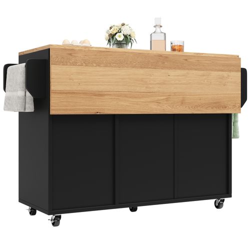Îlot De Cuisine Noir Avec Table Rabattable, Rangements Modulables Et Roulettes