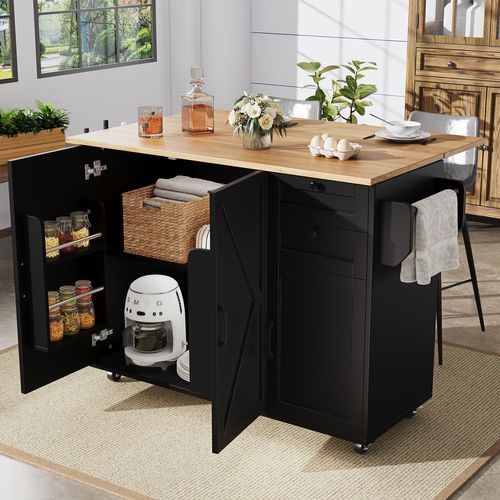 Îlot De Cuisine Noir Avec Table Rabattable, Rangements Modulables Et Roulettes