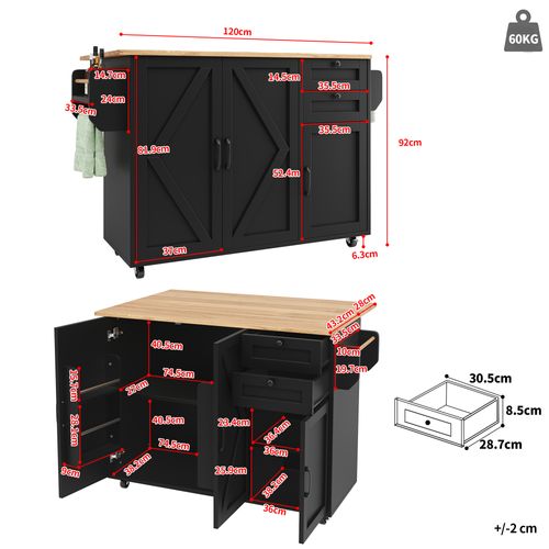 Îlot De Cuisine Noir Avec Table Rabattable, Rangements Modulables Et Roulettes