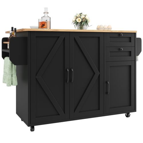 Îlot De Cuisine Noir Avec Table Rabattable, Rangements Modulables Et Roulettes