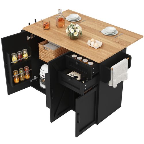 Îlot De Cuisine Noir Avec Table Rabattable, Rangements Modulables Et Roulettes