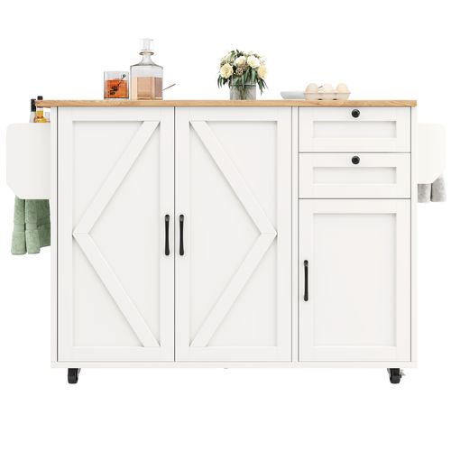 Îlot De Cuisine Blanc Avec Table Rabattable, Rangements Modulables Et Roulettes