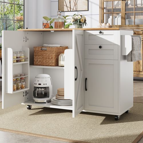 Îlot De Cuisine Blanc Avec Table Rabattable, Rangements Modulables Et Roulettes