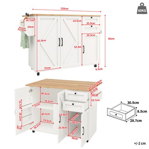 Îlot De Cuisine Blanc Avec Table Rabattable, Rangements Modulables Et Roulettes