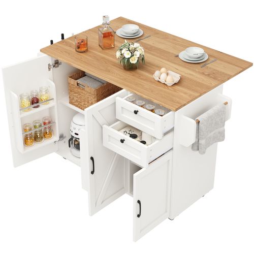 Îlot De Cuisine Blanc Avec Table Rabattable, Rangements Modulables Et Roulettes