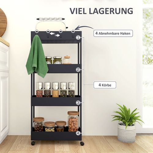 Chariot De Rangement à 4 Niveaux Avec Roulettes Et Freins, Noir 40x19x90 Cm