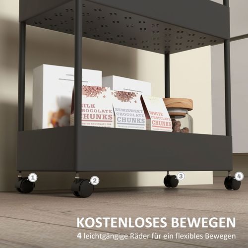 Chariot De Rangement à 4 Niveaux Avec Roulettes Et Freins, Noir 40x19x90 Cm