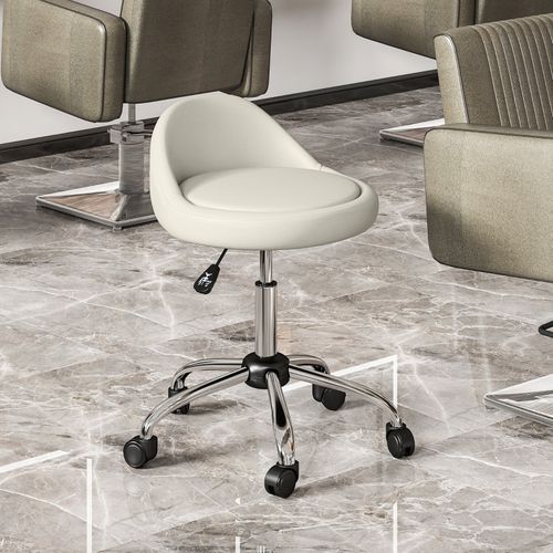 Tabouret Roulant Réglable En Hauteur, Siège Pivotant En Cuir Synthétique Blanc