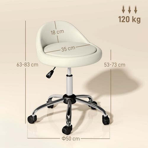 Tabouret Roulant Réglable En Hauteur, Siège Pivotant En Cuir Synthétique Blanc