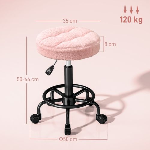 Tabouret à Roulettes Réglable En Hauteur 50–66 Cm, Pivotant 360°, Rose