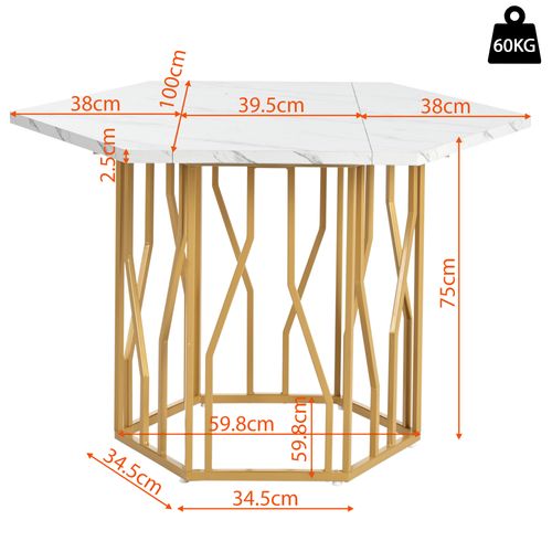 Table Hexagonale Effet Marbre Avec 4 Chaises En Velours Vert, Pieds En Métal Doré