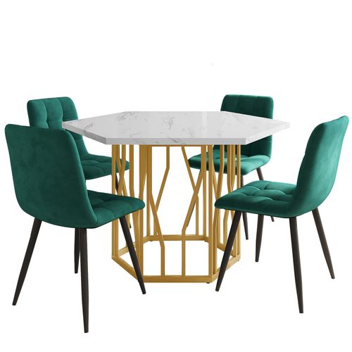 Table Hexagonale Effet Marbre Avec 4 Chaises En Velours Vert, Pieds En Métal Doré