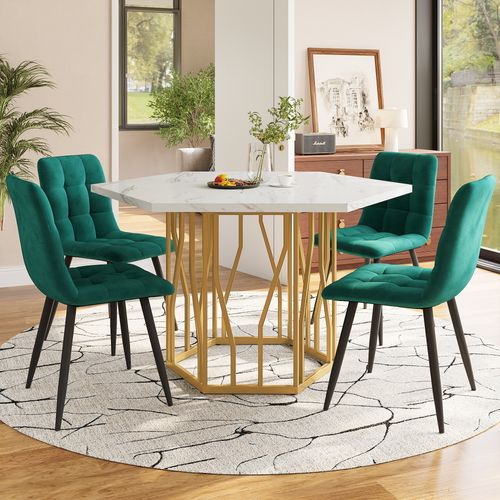 Table Hexagonale Effet Marbre Avec 4 Chaises En Velours Vert, Pieds En Métal Doré