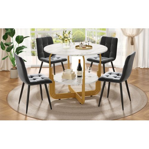 Table Ronde Ø80 Cm Avec 4 Chaises En Velours Gris, Pieds Dorés, Set 5 Pièces