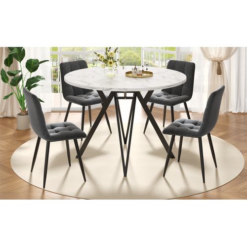 Ensemble Table Ronde Ø100 Cm Et 4 Chaises En Tissu Gris, Pieds Noir