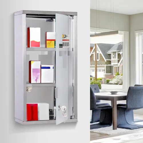 Armoire à Pharmacie Murale En Acier Inoxydable Avec Serrure, 3 Compartiments, 25x12x48 Cm