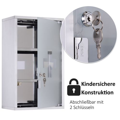 Armoire à Pharmacie En Acier Inoxydable Avec Serrure Et Porte Verre Satinée, 30x18x50 Cm